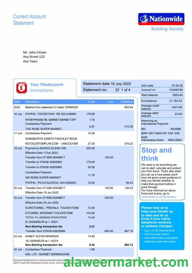 United Kingdom Nationwide bank statement, Word and PDF template, 5 pages, version 2